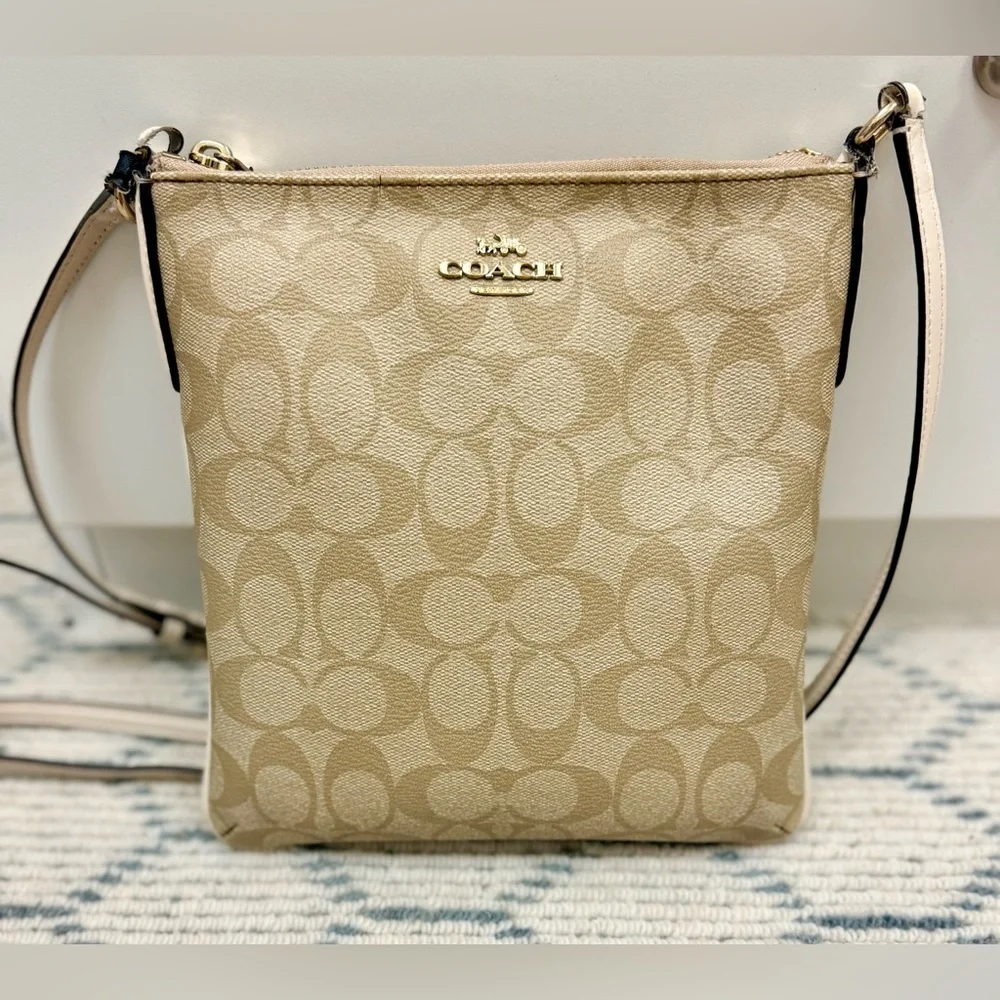 COACH Signature Beige/White Monogram Logo North South Adjust. Strap Crossbody